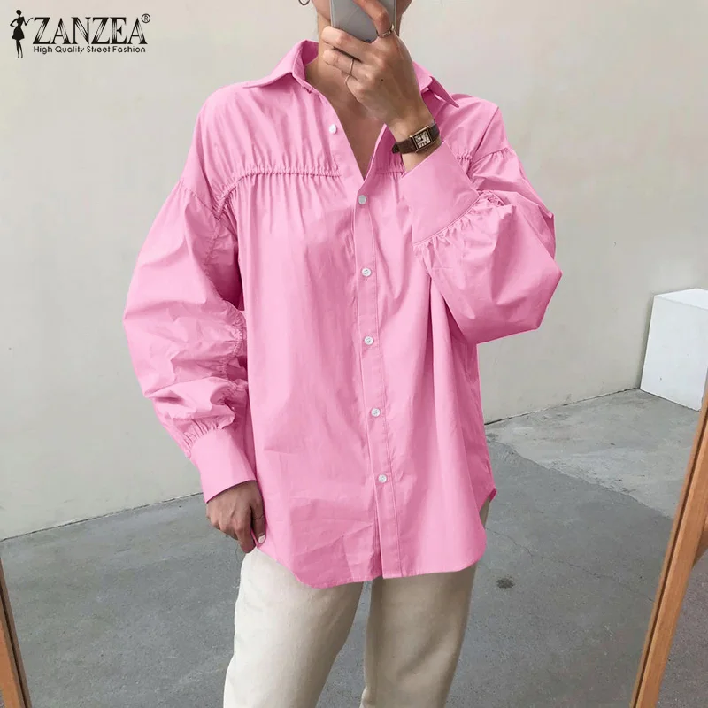 

Bohemian Fashion Casual Loose Work Holiday Chemise ZANZEA Autumn Woman Shirt Puff Sleeve Solid Lapel Button Cuffs Blouse Blusas