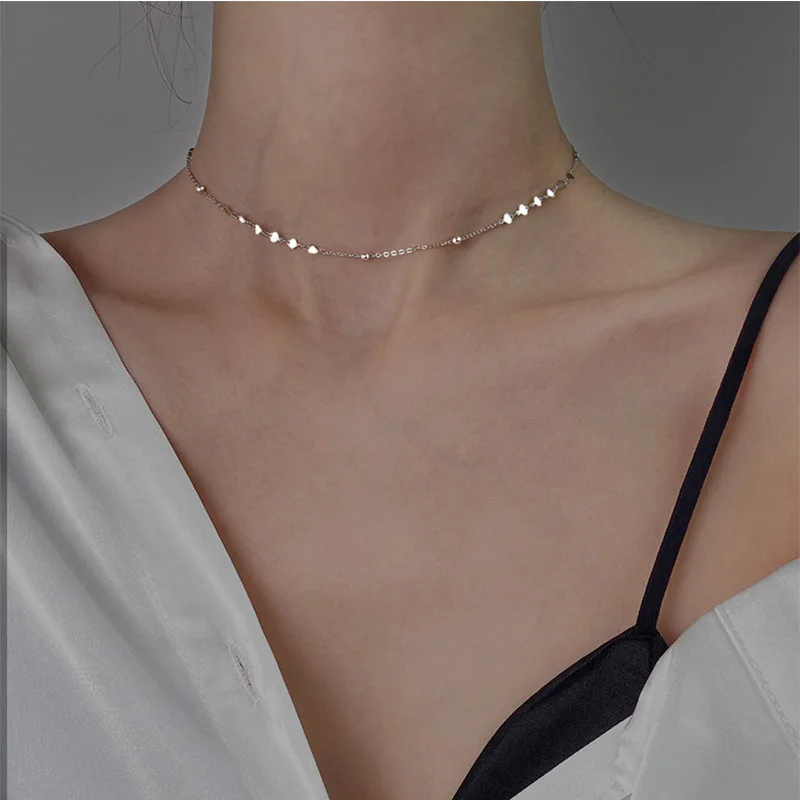 Real 925 Sterling Silver Peach Heart Choker Necklace Clavicle Chain Short Choker Necklace For Women Fine Jewelry Brithday Gift