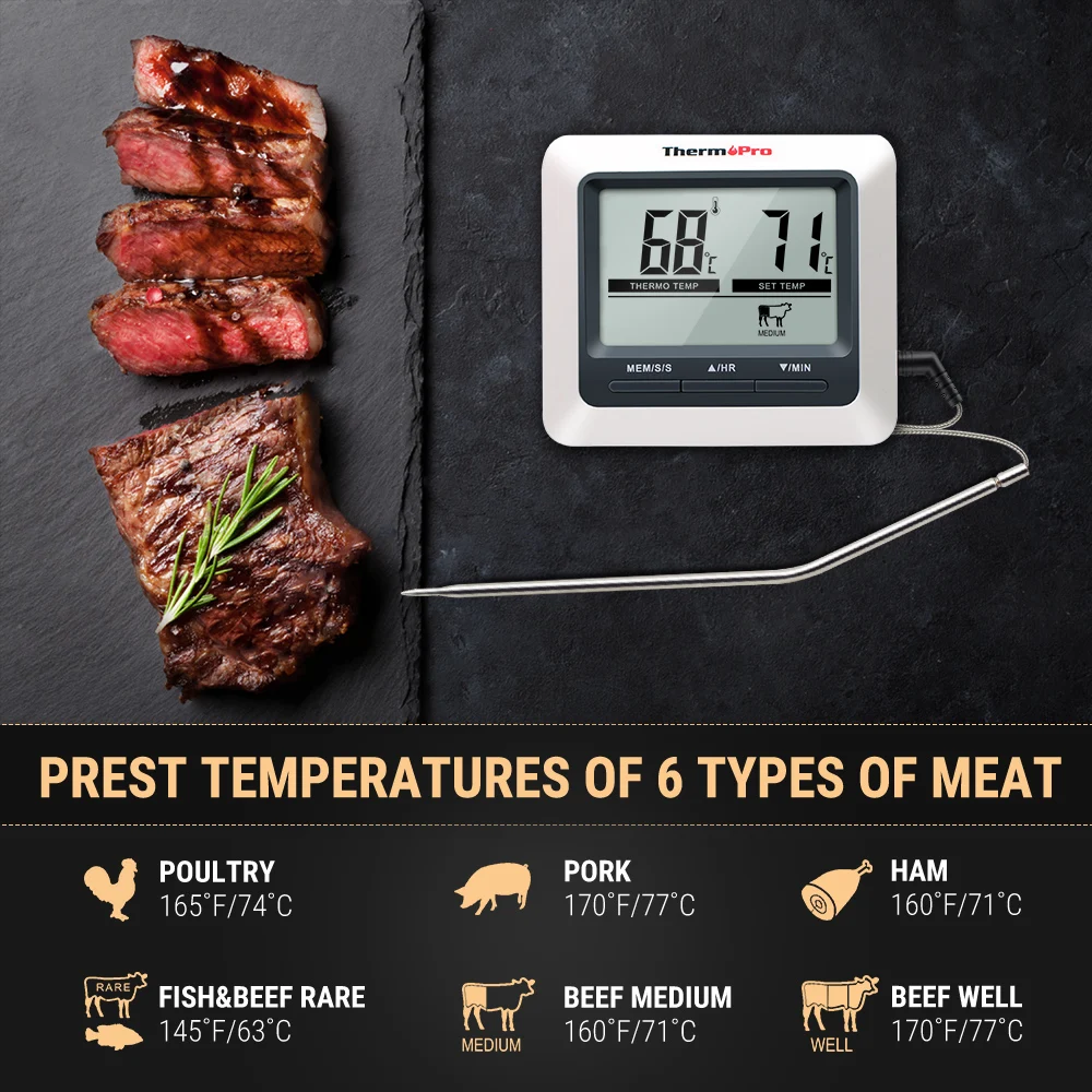 Цифровой термометр ThermoPro TP04 с большим ЖК-дисплеем для мяса духовки Кухонный