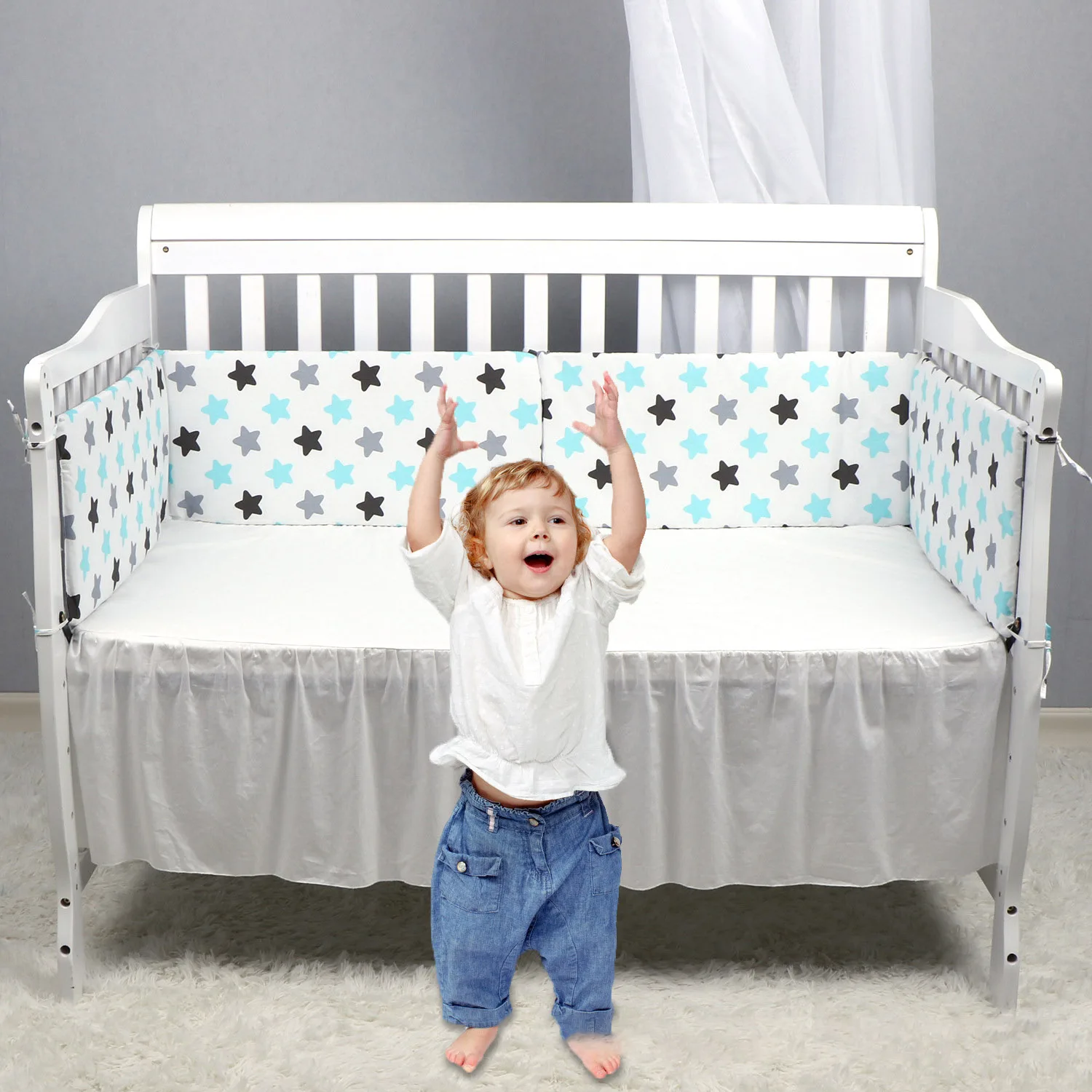 Newborn Baby Bed Bumper Infant Soft Cotton Print Crib Fence Double-faced Detachable Around Cot Protector Kids Room Decor 130CM