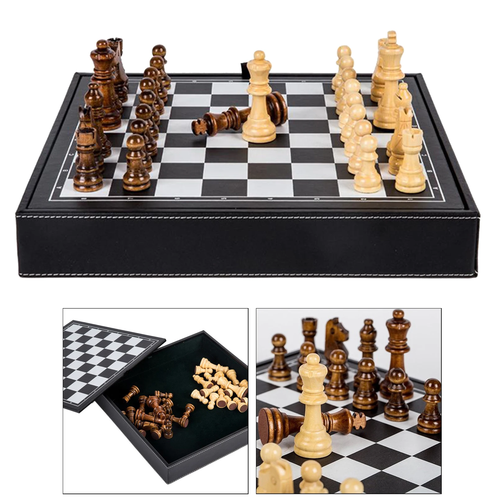 

Retro Portable Wooden Chess Set and Storage Slots Board Games for Family Fun