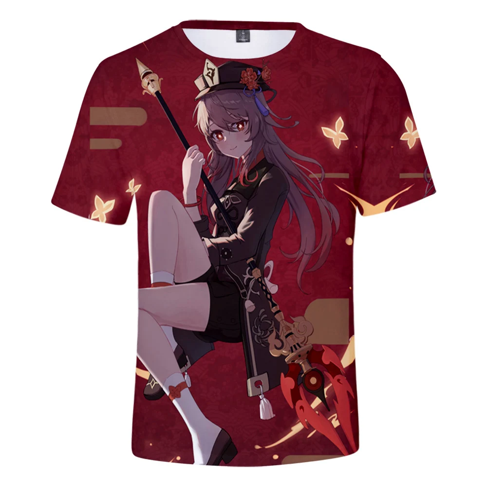 

Футболка Genshin Impact Hu Tao, футболка с 3D кавайным принтом для мужчин и женщин, уличная одежда с круглым вырезом, повседневные топы в стиле Харадзю...