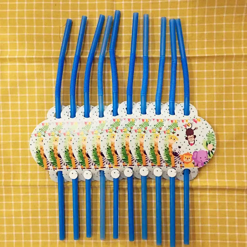 10pcs straws Вечерние принадлежности, Мультяшные милые разноцветные джунгли, животные, Одноразовые столовые наборы для детей, для дня рождения, для мальчиков и девочек - Цвет: 10pcs straws
