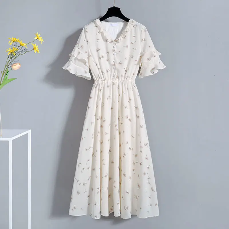 

Chiffon dress women 2021 summer new floral lotus leaf sleeve mid-length dress vintage waist temperament all-match A-line skirt