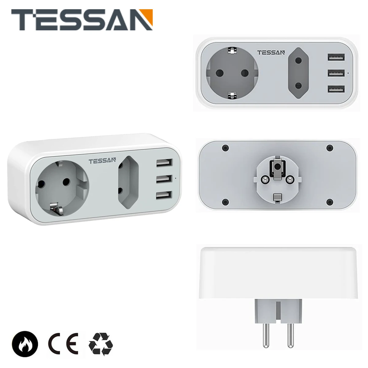

TESSAN European Socket Multi Outlets Extender with 2 Outlets 3 USB Ports (5V/2.4A) EU Plug Power Strip 110~230V for Home, Office