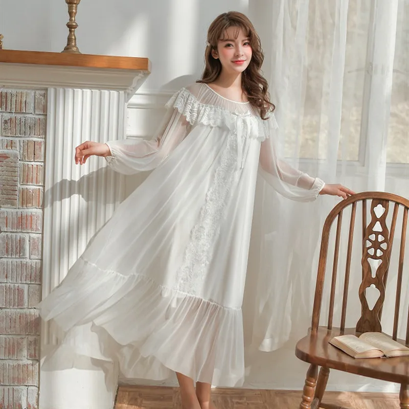 Весенние Милые Мягкие Модальные женские длинные ночные рубашки белые кружевные