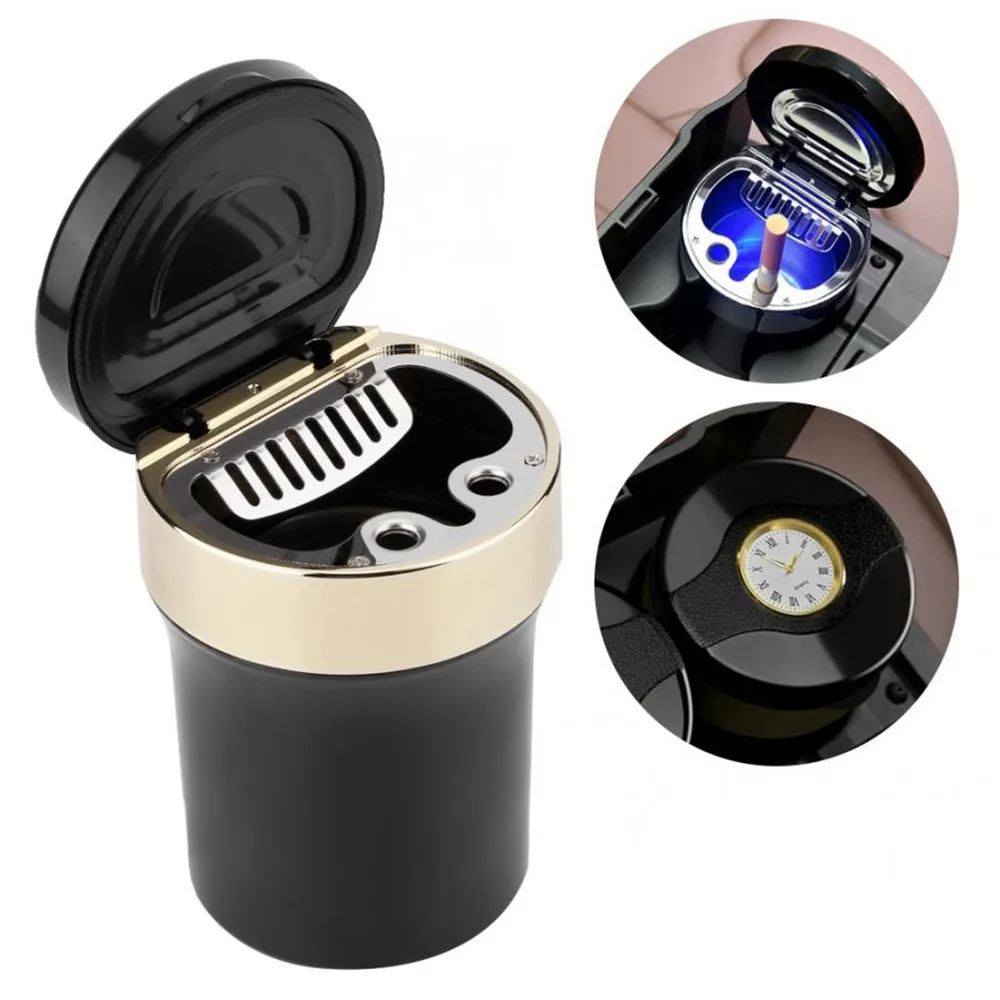 

Universal Car Ashtray Holoder Car LED Metal Ashtray Multi-function Watch with a clock blue LED lights Interior Accessories