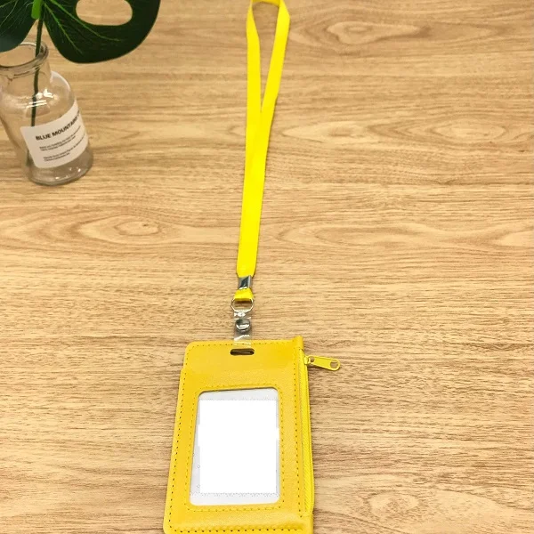 yellow Чехол из искусственной кожи для удостоверения личности, деловой значок, держатель для карт с ожерельем, шнурок, студенческий кошелёк для монет, сумка на молнии - Цвет: yellow