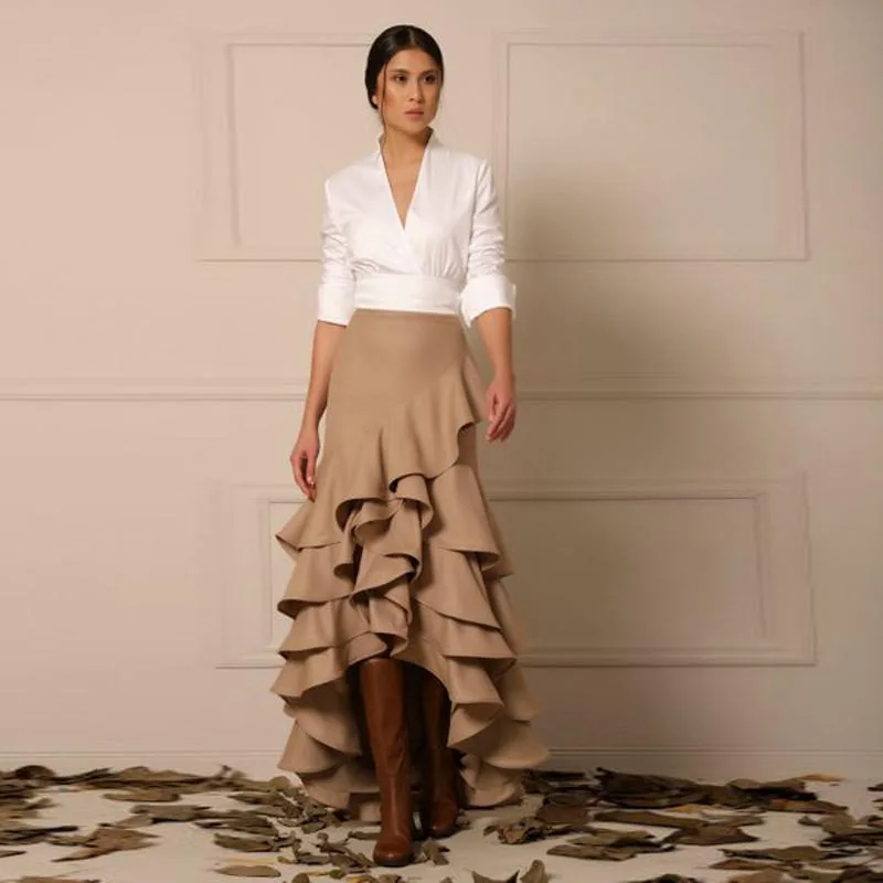 

Women's Skirt High Low Skirt Ruffled Gabardine Maxi Skirt Vintage Satin Skirt Khaki Female Clothing Fashion Week Long Skirts