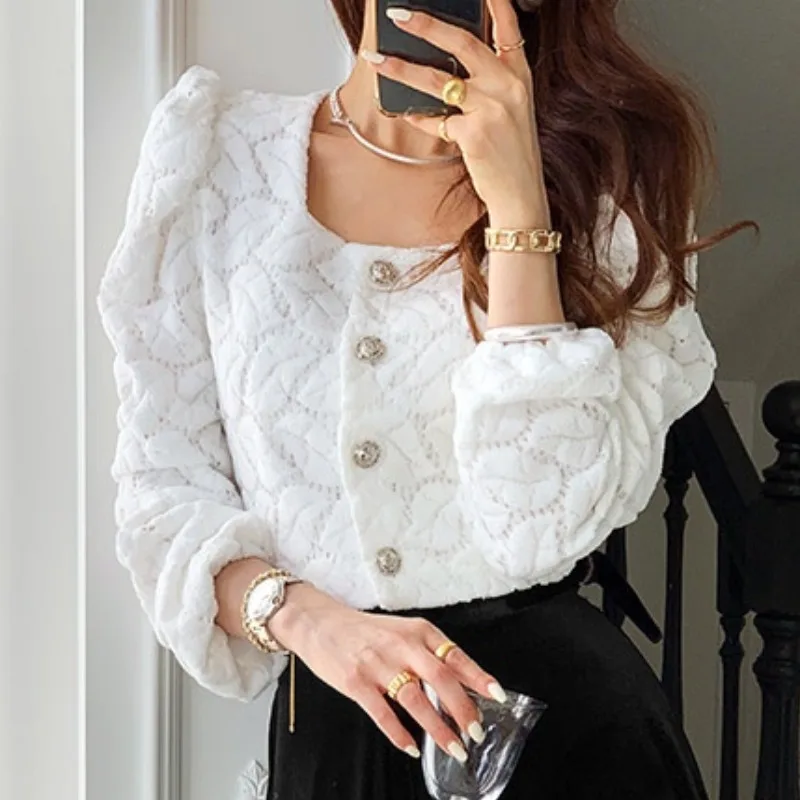 

Women 2021 Spring Korean Style Fashion Lace Short Cardigan Elegant Square Collar Button-up Coat Outerwear Chic Long Sleeve Tops