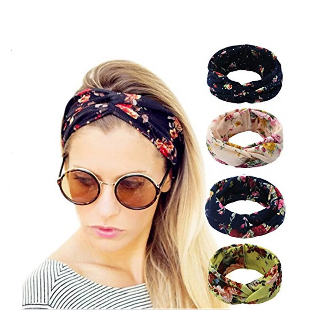 Diademas el&aacute;sticas para mujer, turbante de punto cruzado, turbante bohemio, accesorios para el cabello, regalo de moda, 4 Uds.-0