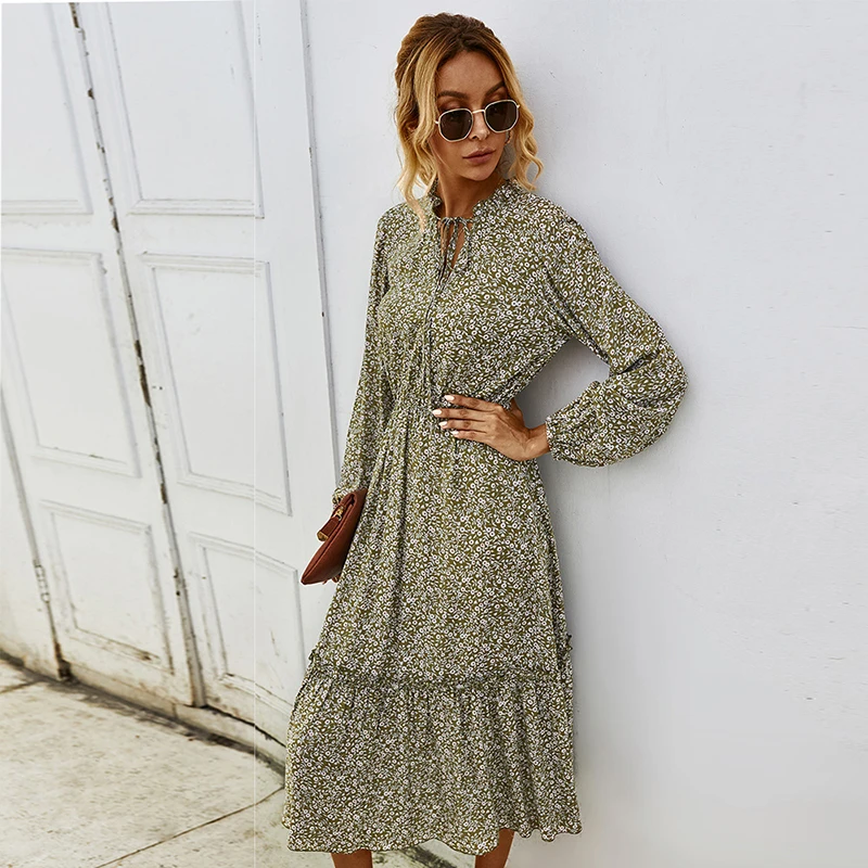 

Spring Dresses Long Sleeve Women Leopard Print Collared Shirt Midi Dress Elastic Waist Button Swing Elegant