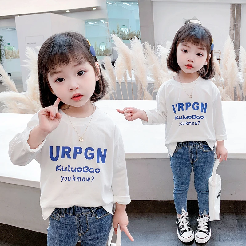 

Unisex Soft O Neck Children Clothing Casual Blue Letter Printing Girls T- Shirt Long Sleeve Tops Tee 2021 Fall 4-12y
