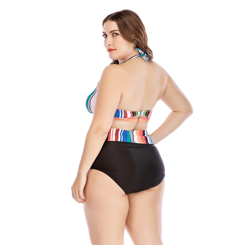 

2020 New Sexy Colorful Striped Swimsuit Women Plus Size Swimwear Backless Halter Beachwear XL-4XL Girl High Waist Bikini Set