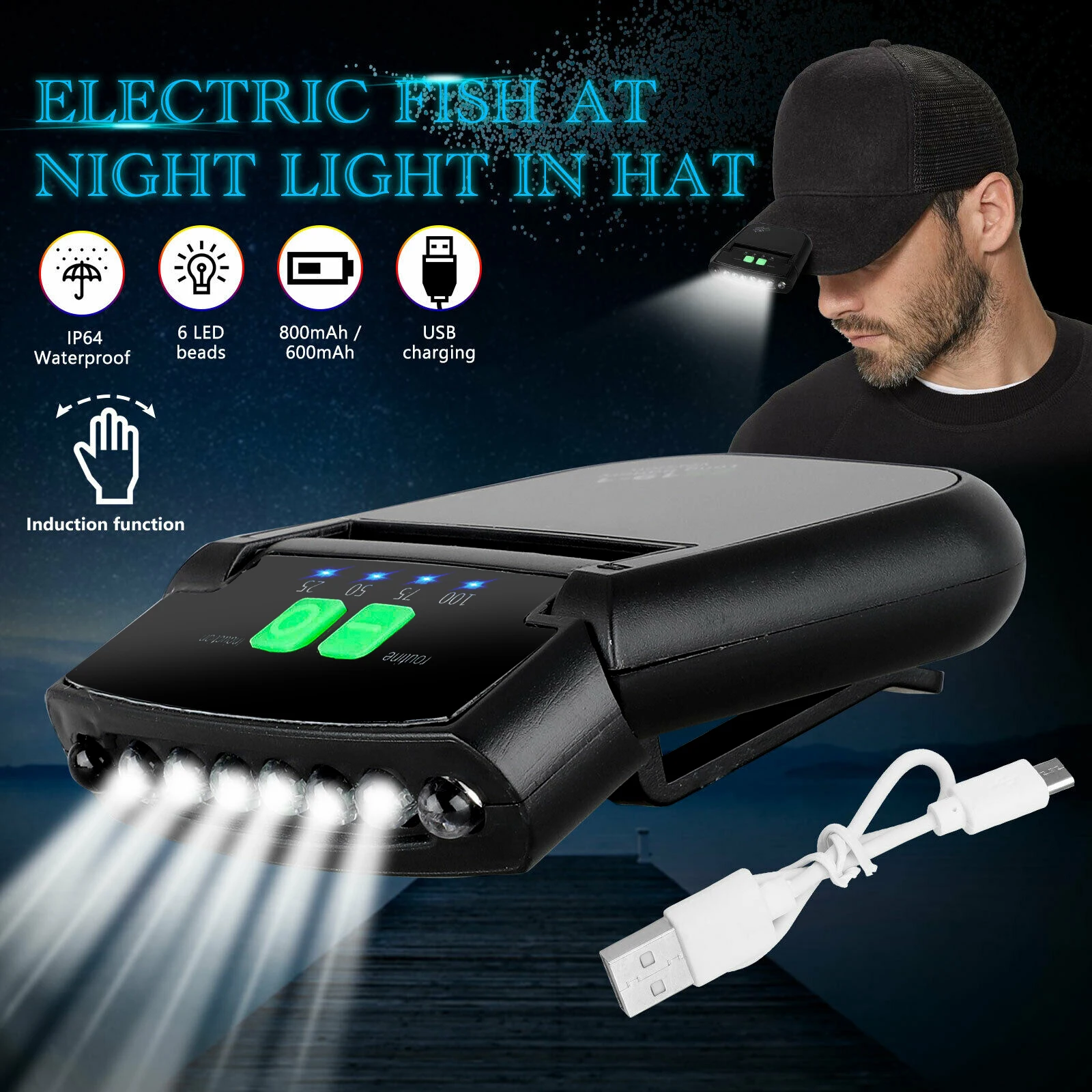 Hands Free лампа на шапку с датчиком 6 светодиодный головной убор USB вращающийся