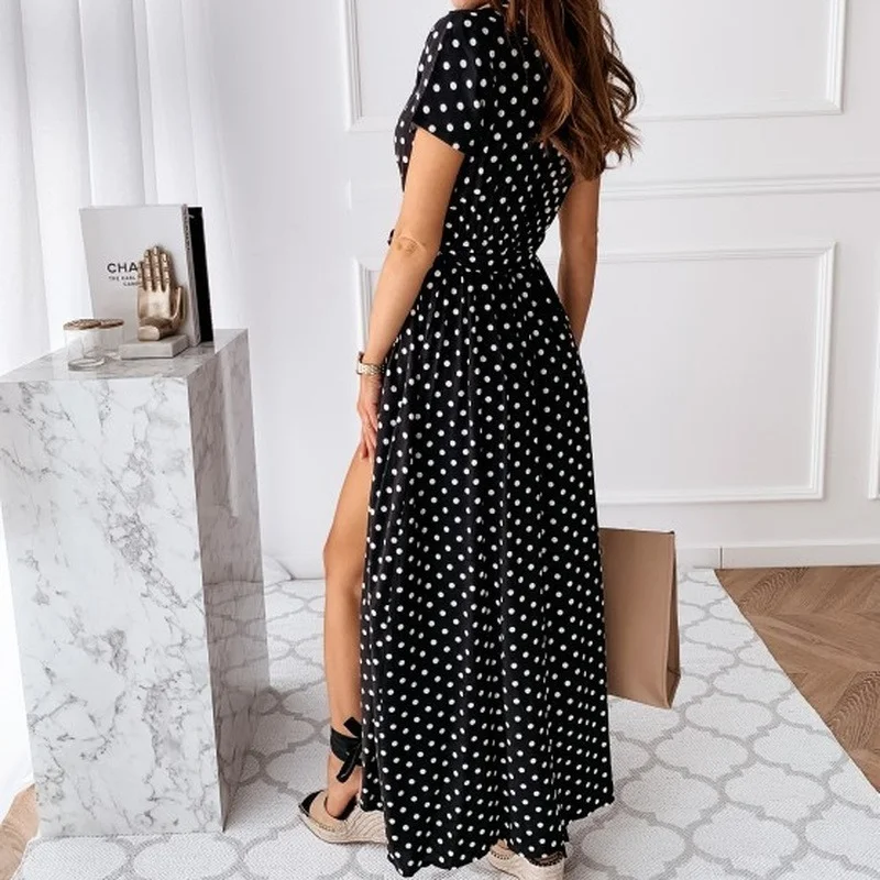 

Short Sleeve V-Neck Ladies Polka Dot Dresses 2021 Women Summer Fashion Split Maxi Dress New Boho Beach Holiday Dress for Female