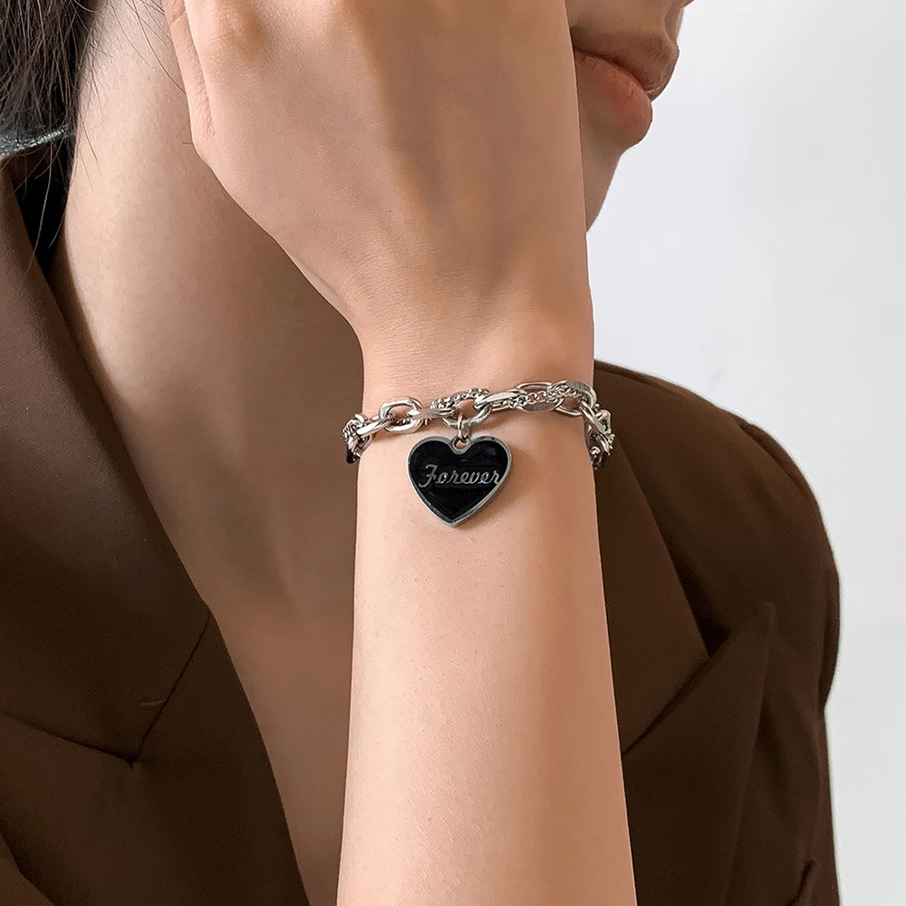 

Lacteo Neo Gothic Love Heart Stainless Steel Drop Bracelet Jewelry For Women Hip Hop Titanium Cross Chain Charm Bracelet
