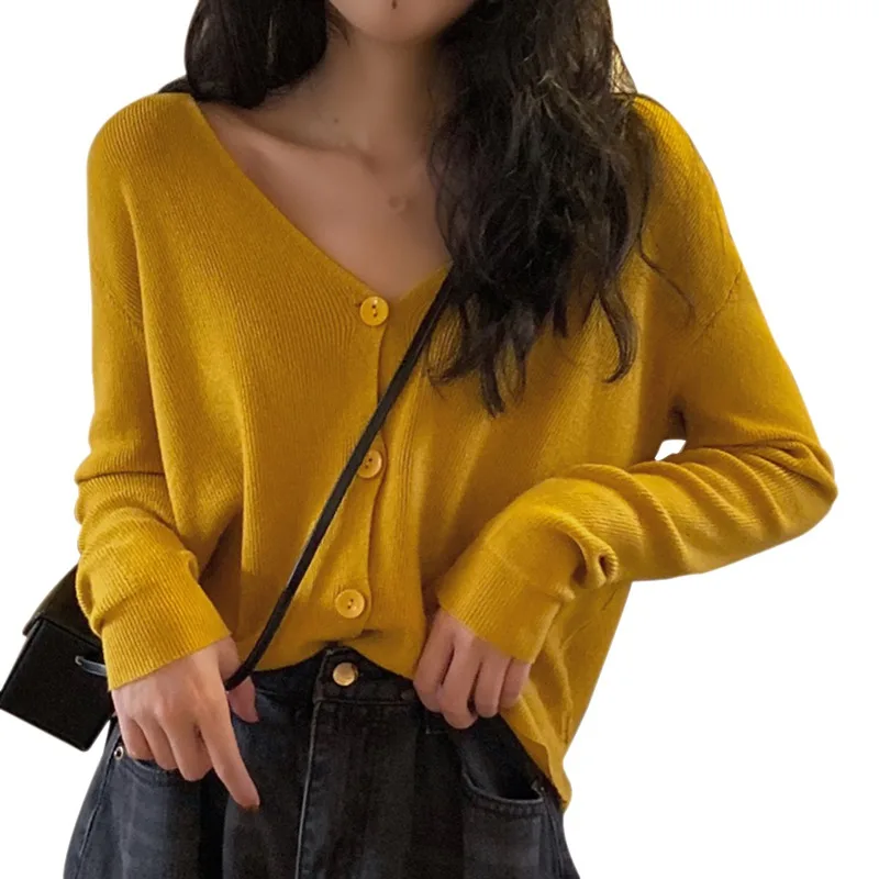 

Women's Fashion Solid V-Neck Casual Long Sleeve Button Up Knitted Cardigan Tops Casual Loose Long Sleeve Sweater Coat
