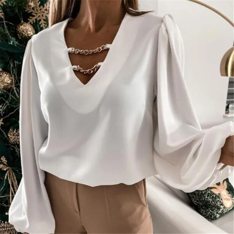 

Lantern Sleeve Elegant Shirt White Black Sexy Metal Chain Retro Blouse V-neck Pullover Office Ladies Shirt Female Casual Blouse