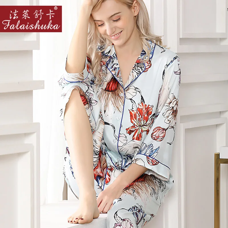 Elegant fresh flower 100% natural silk pajamas sets women sleepwear short sleeves+cropped trousers pure silk womens pyjamas