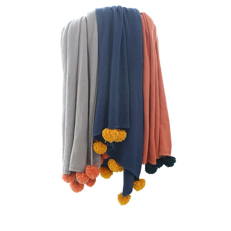

Thin Knitted Air Conditioning Blanket With Contrast Color Ball Blanket Cotton Blanket Office Nap Blankets for Beds