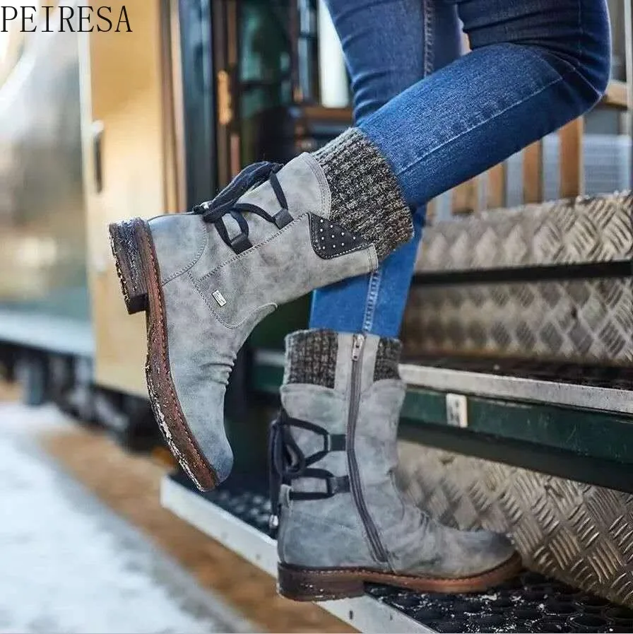 Women's Boots 2021 Autumn and Winter New Snow Boots Women's Low-heel Round Toe 35-43 Large Size Medium Tube Women's Boots