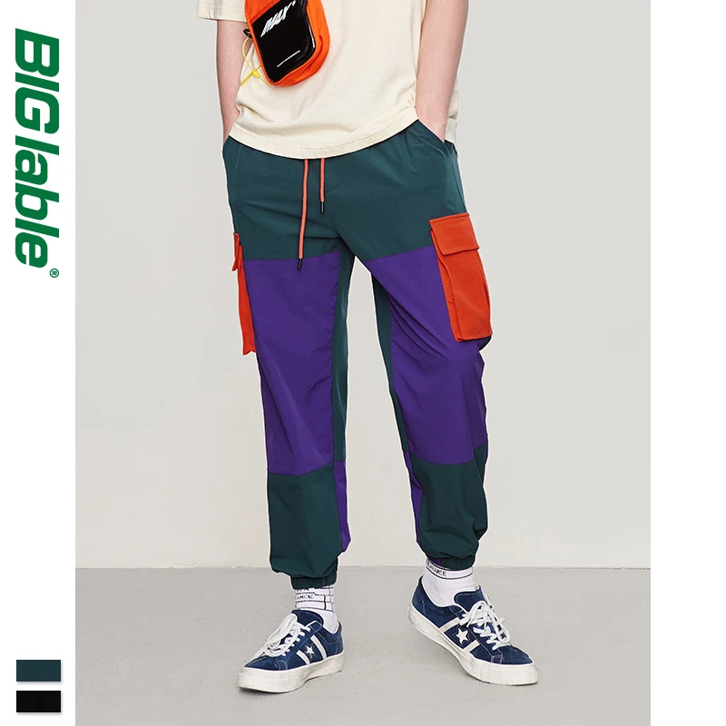 Большие уличные мужские брюки 2019 Осень Зима ветровка хип хоп цвет сшивание