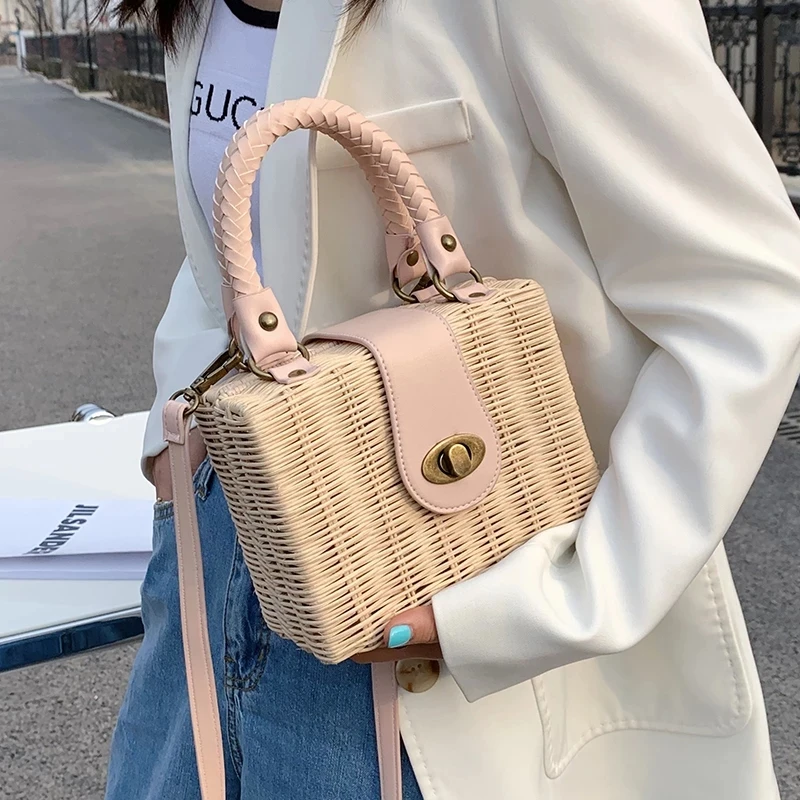Mini Straw Crossbody Shoulder Bags for Women 2021 Summer Luxury Handbags and Purses Beach Travel Weave Square Totes Fashion