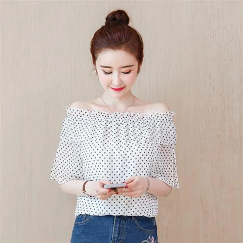 

Women's Spring Summer Style Chiffon Blouses Shirt Women's Polka Dot Slash neck Short Sleeve Ruffles Casual Tops SP8714