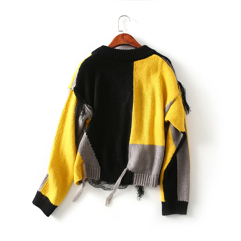 Джокер тренд котенок Кружева Сплит сустава хит цвет круглый шеи ленивый Ветер