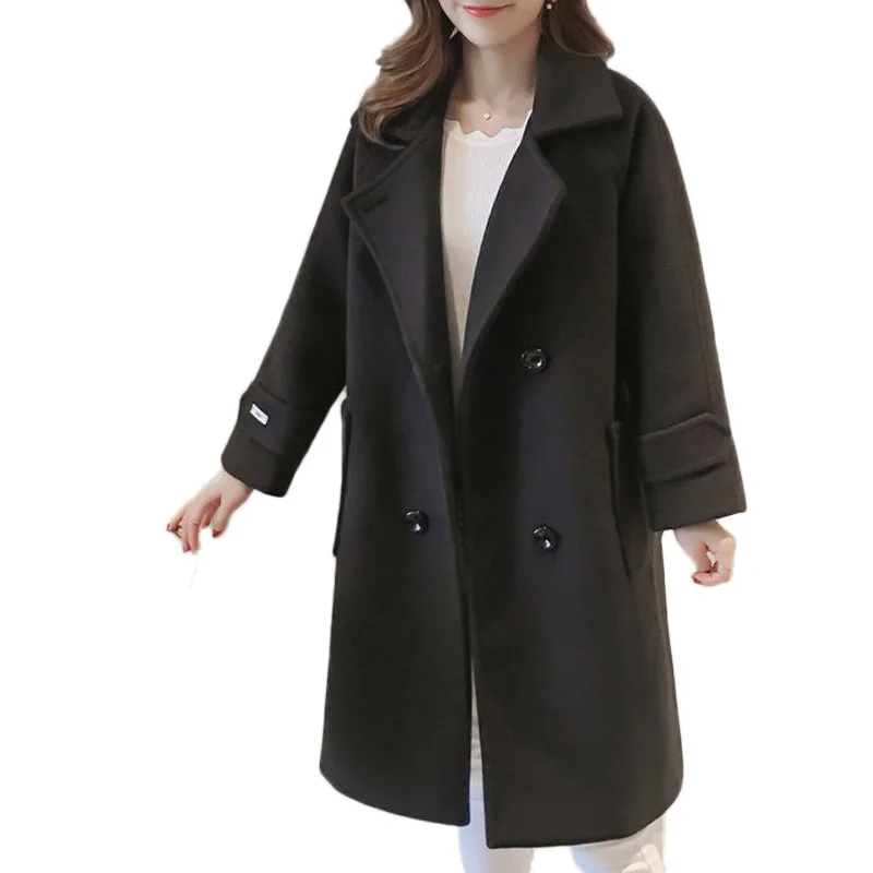 

2020 New Wool Coat Long Solid Button Pockets V-Neck Double Breasted Loose Womens Fashions Women Coats Autumn Winter