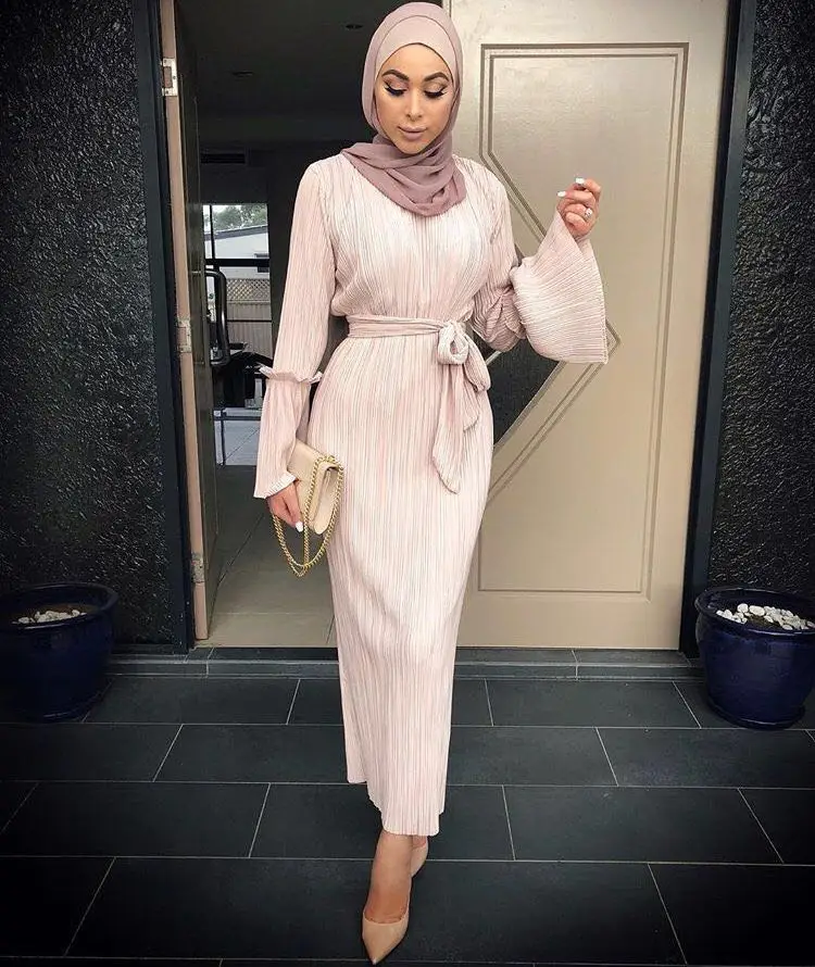 

Gradient rainbow printed pleated Muslim dress stretch muslim abayas dubai islamic was thin abayas with belt F1607 dropship