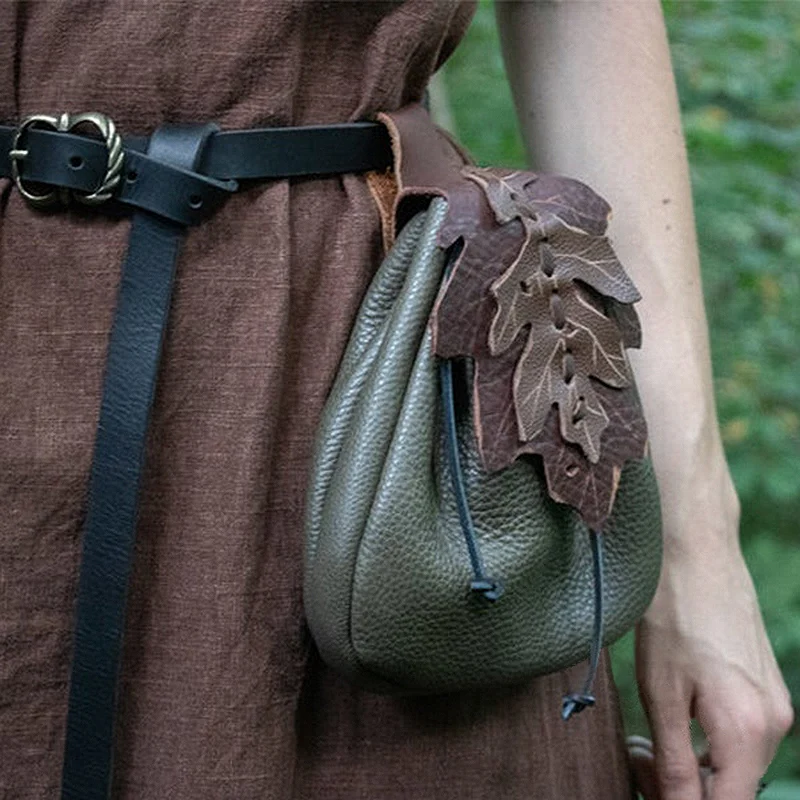 Medieval Steampunk Faux Leather Leaf Pattern Belt Bag For Women Men Viking Knight Warrior Pirate Party Cosplay Props