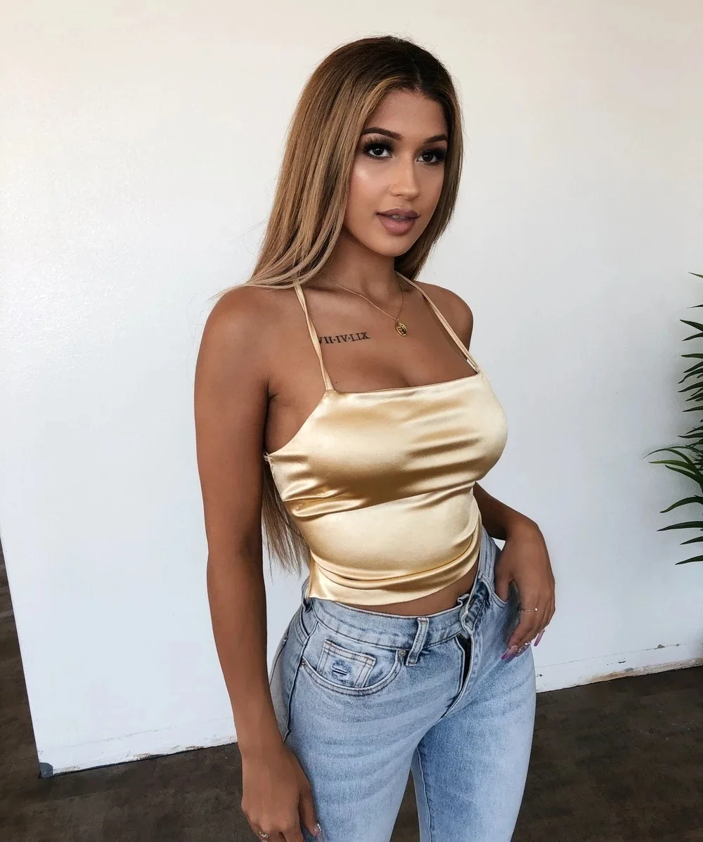 

2021 Summer New Backless Pure Color Women's Sexy Nightclub Imitation Silk Lady Sling Strapless Back Girl Top U-neck Female Vest