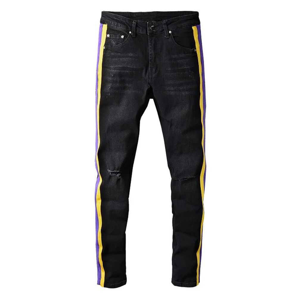 

Джинсы Gzdeerax мужские рваные, Стрейчевые брюки-карандаш из денима, облегающие штаны с дырками, в полоску, черные, размер 40