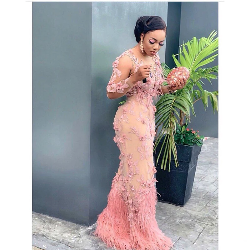 2019 Aso Ebi Arabic Luxurious Lace Beaded Evening Dresses Mermaid Long Sleeves Prom Dresses Feather Formal Party Second Receptio
