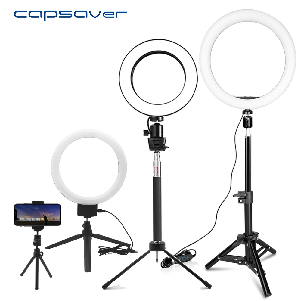 Capsaver 6 дюймов 20 см 26 см светодиодный светильник для селфи кольцевые лампы с регулируемой яркостью для макияжа кольцевая лампа USB кольцо с фотографией светильник для видео Youtube Live