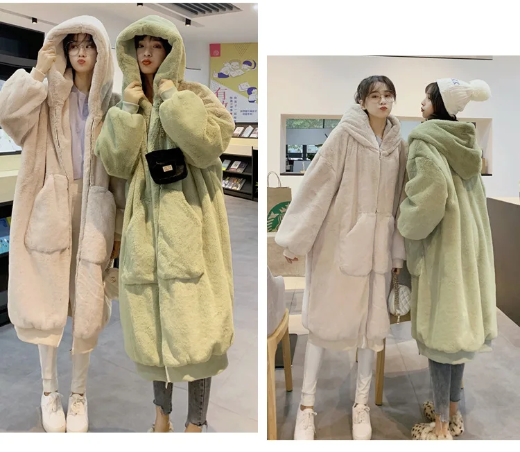 30 Degrees Fur Coat Women Casual Hoodies Furry Thick Warm Long Faux Rabbit Fur Jacket Loose Winter Coat Women OverCoat