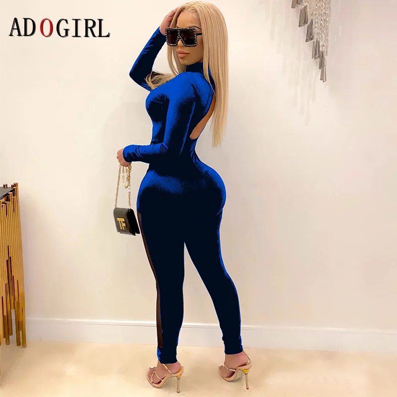 

Adogirl Sexy Bandage Long Sleeve Velvet Jumpsuit Women See Trough Bodycon Romper Winter Backless Mesh Female Overalls Club Wear