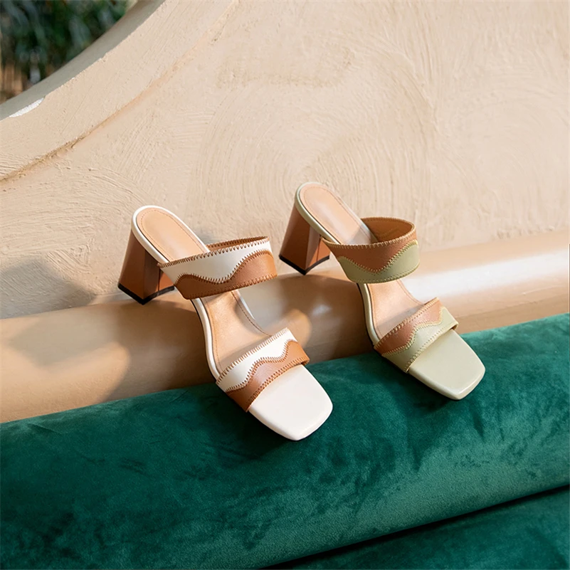 

Meotina Women Slippers Genuine Leather Sandals Thick Heel High Heel Slides Square Toe Cow Leather Lady Footwear Summer White 40