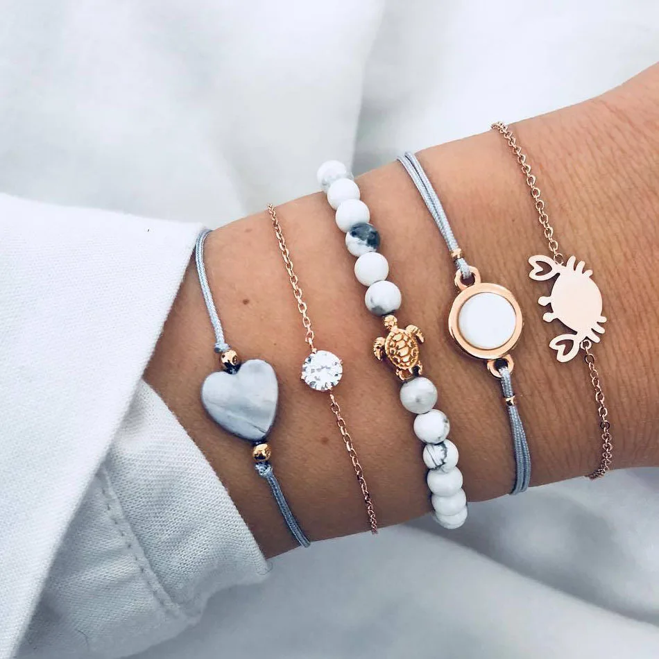 

Fashion Bohemian Shell Turtle Bracelets Bangles for Women Gold Color Strand Beads Chain Charm Bracelets Sets Female Jewelry Gift