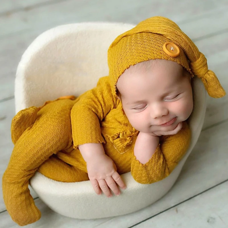 2 Pcs/Set Baby Hat Romper Newborn Photography Props Knitted Jumpsuit Long Tail Cap Kit Infants Photo Shooting Clothing Outfits images - 3