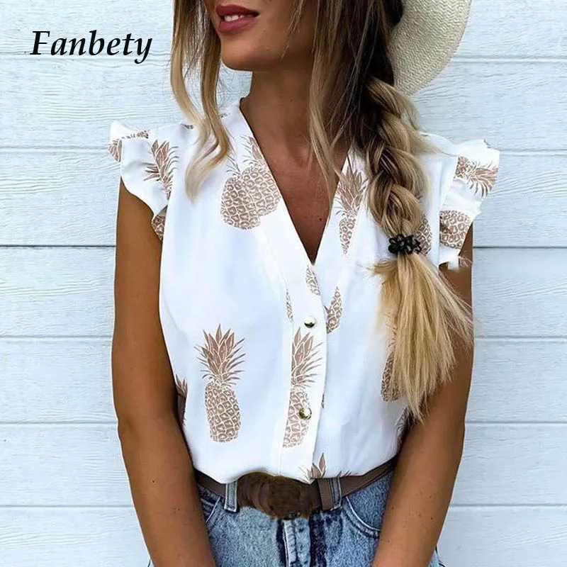 Fanbety, женская элегантная блузка для отдыха, Топ для женщин, для девочек, с v-образным вырезом, милая рубашка, с принтом ананаса, с рукавами-крылышками, блузка, рубашки