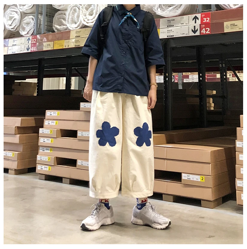 

Summer New Style Flower Patch Elastic Pants Women's Japanese Style Women's Cotton And Linen Wide-Leg Pants Women's Trousers