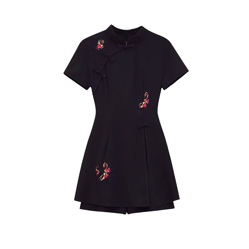 

Plus Size Women elegant Chinese Cheongsam two pieces set Summer 2021 Short Sleeve butterfly Embroidery top and shorts sets 4XL