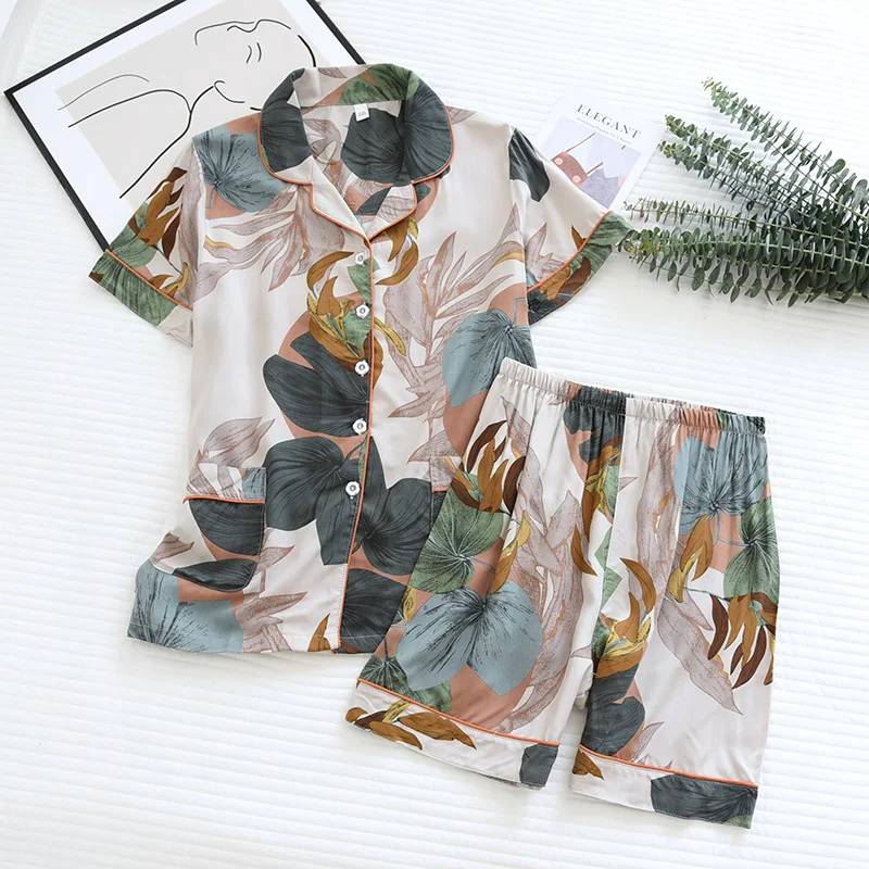 

Summer Women Pajamas Cotton Pyjama Pour Femme 2 PCS Shirt&Shorts Loose Casual Sleepwear Print Flower Short Sleeve Home Clothes