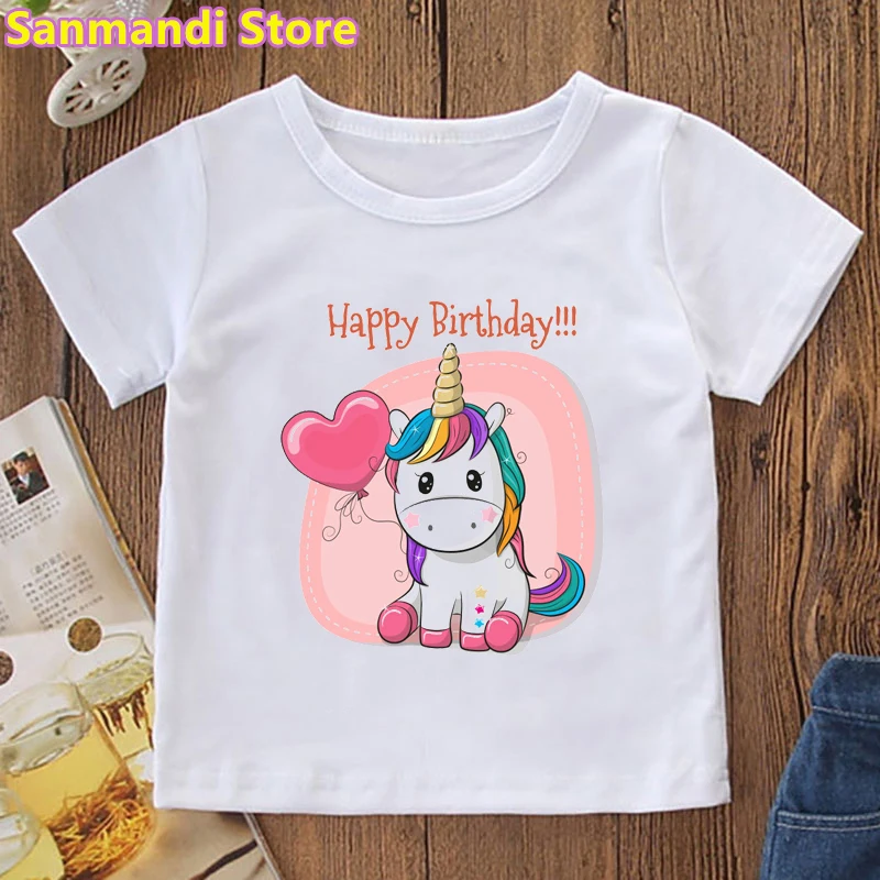 

Happy Birthday Unicorn Graphic Print T Shirt Girls/Boys Pink Love Vogue Tshirt Kids Clothes Summer Tops Short Sleeve T-Shirt