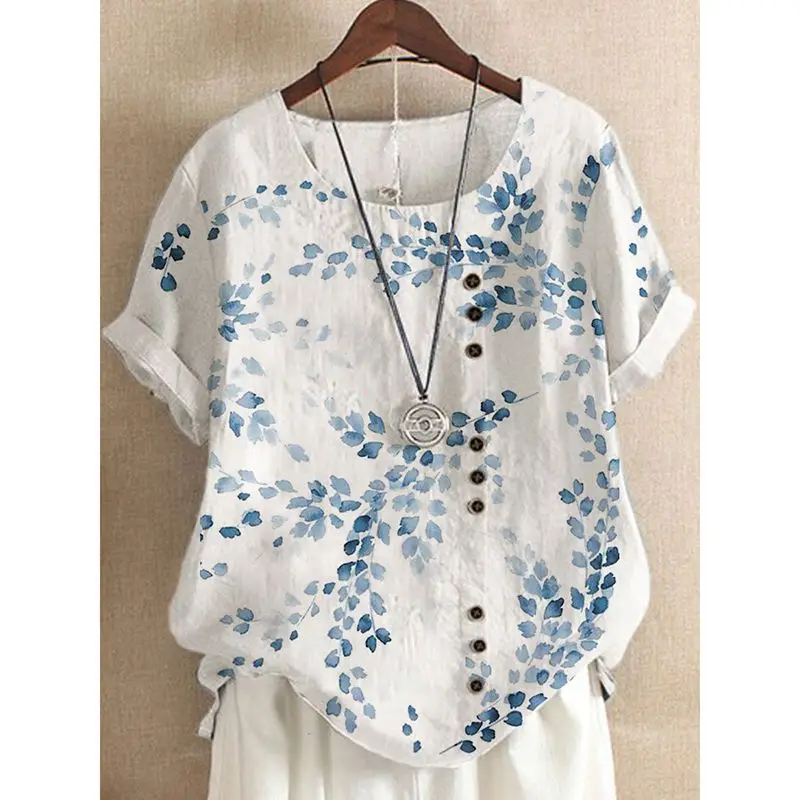 

2021 Summer Blouses Female Clothing O Neck Button Up Shirt Casual Short Sleeve Print Shirt Blouse Women Tops Tunic Plus Size