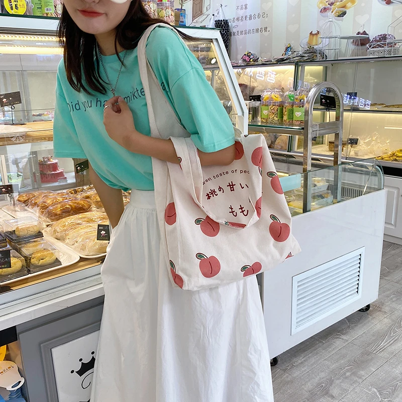 

Peach Print Canvas Bag Women's Japanese Shoulder Bag Fashion Shopping Bag Casual Handbags and Purses Female Fresh and Cute Totes