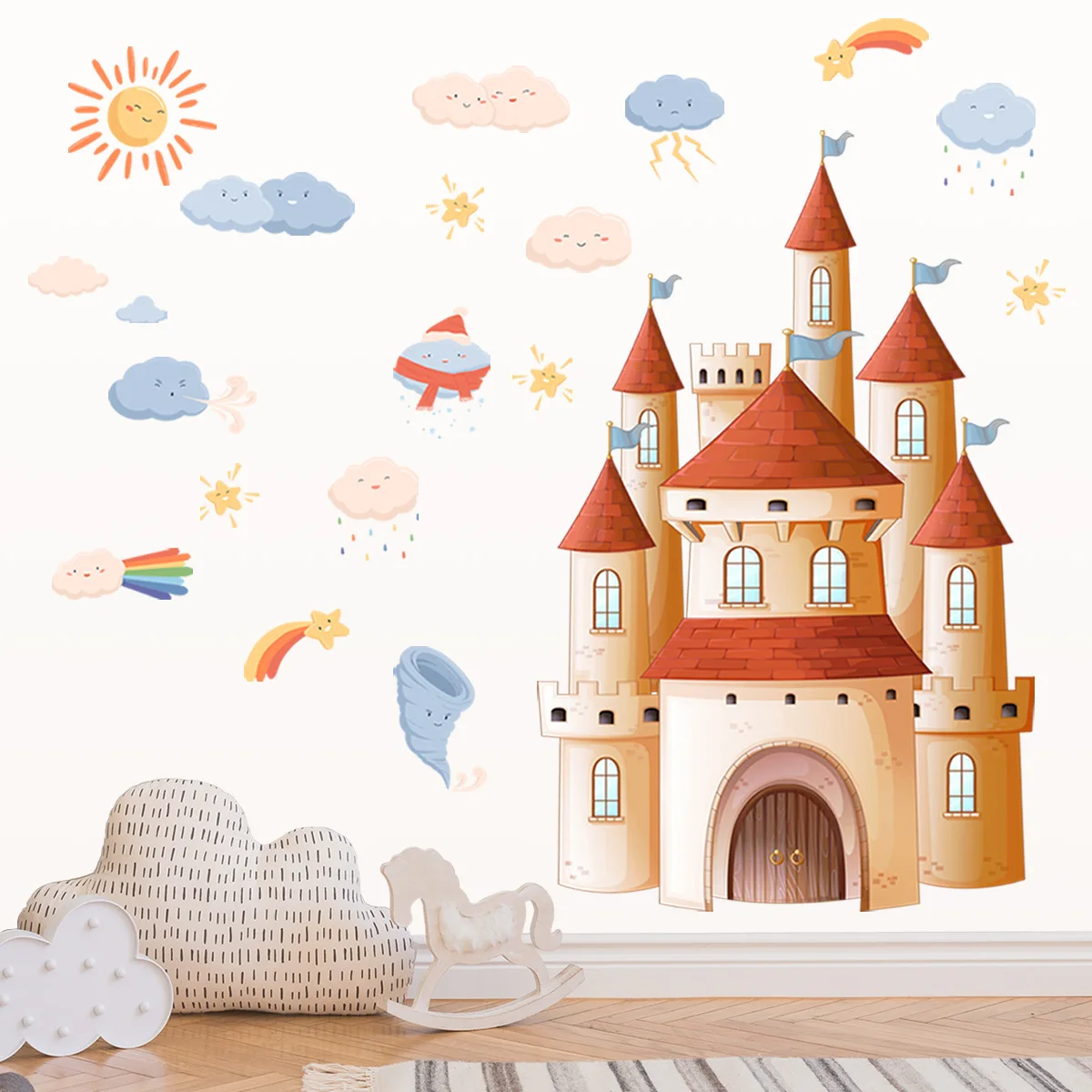 

Tofok Cartoon Castle Weather Wall Stickers Kindergarten Children's Room Background Clouds Sun Stars Wind DIY PVC Wall Paper